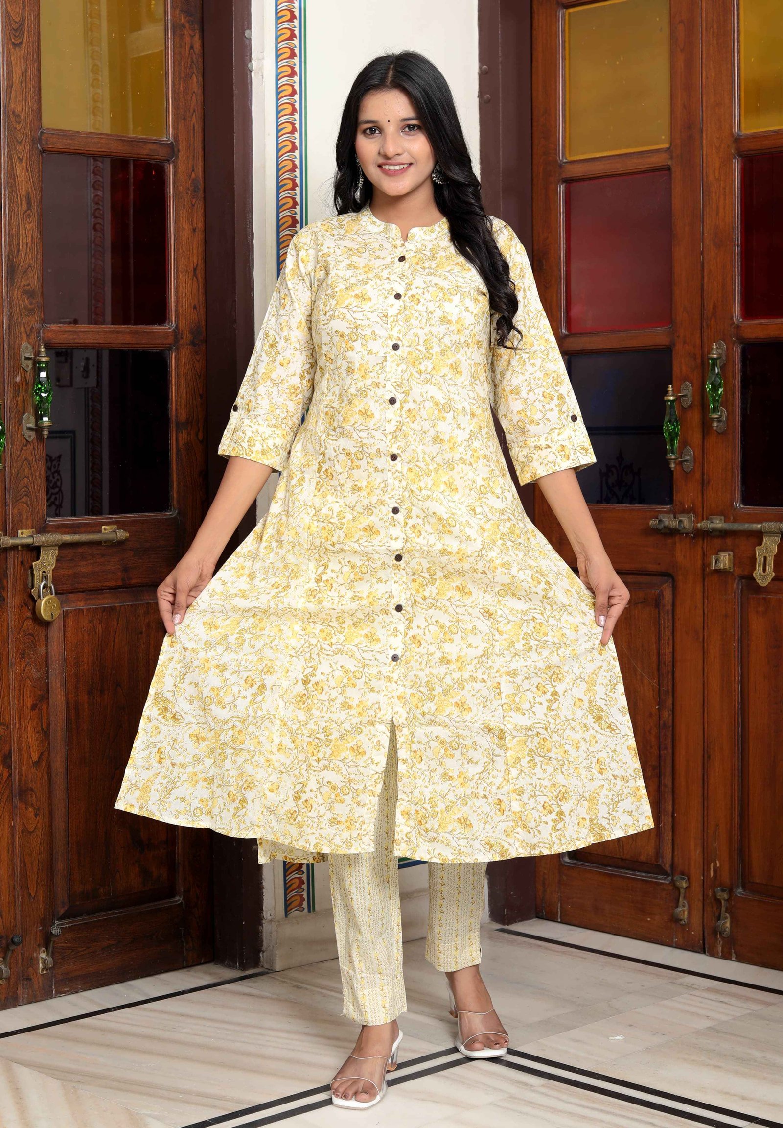 Mustard  Princess cut Seam Kurti with Subtle Floral Print & Front Button Placket